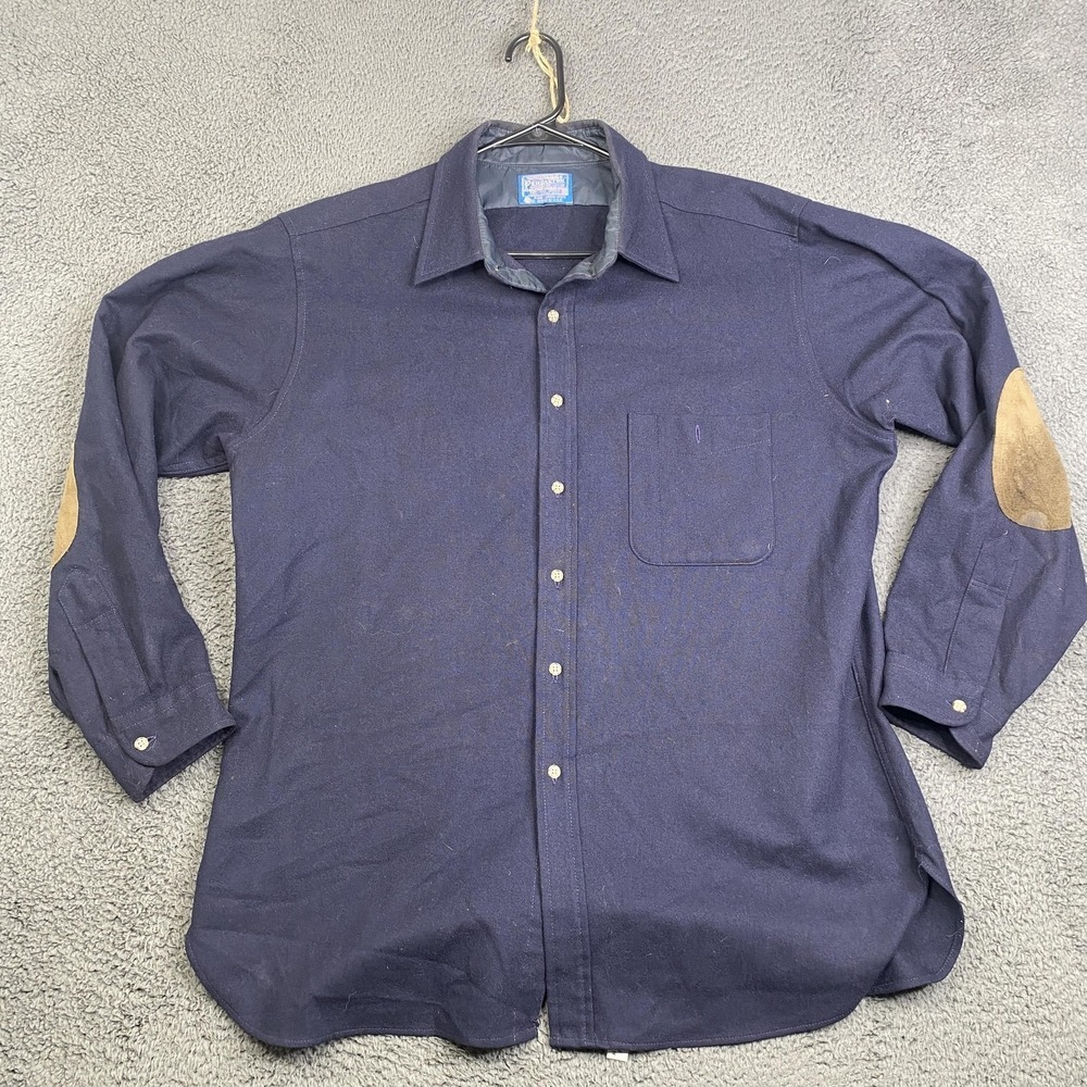 Pendleton Shirt Mens XL Navy 100% Virgin Wool Suede Elbow Patches Made USA